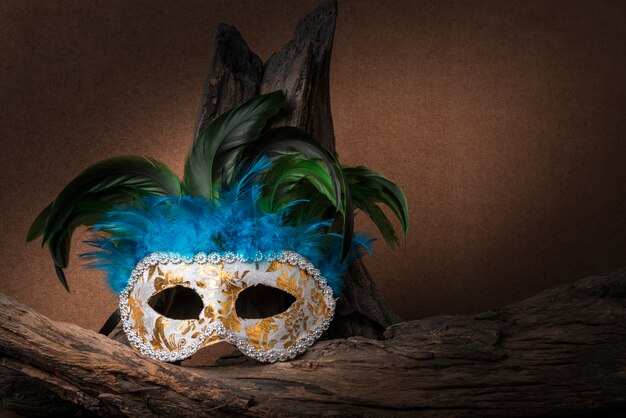 Still life painting photography with carnival mask and timber