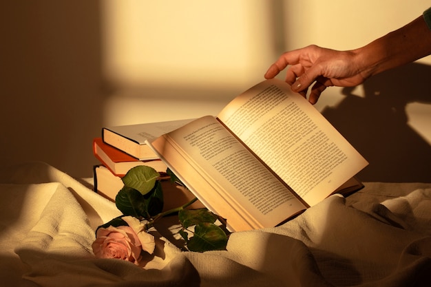 Still life of sant jordi for the day of books and roses