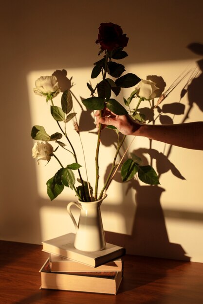 Still life of sant jordi for the day of books and roses