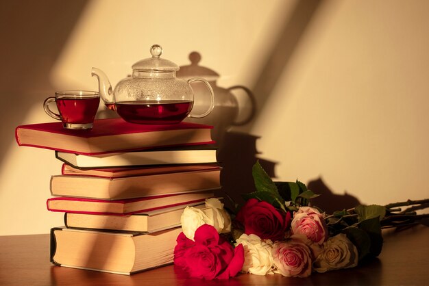 Still life of sant jordi for the day of books and roses