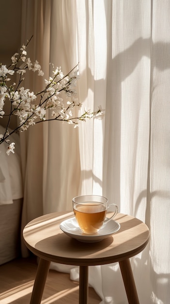 Still life scene with tea and cup for drinking