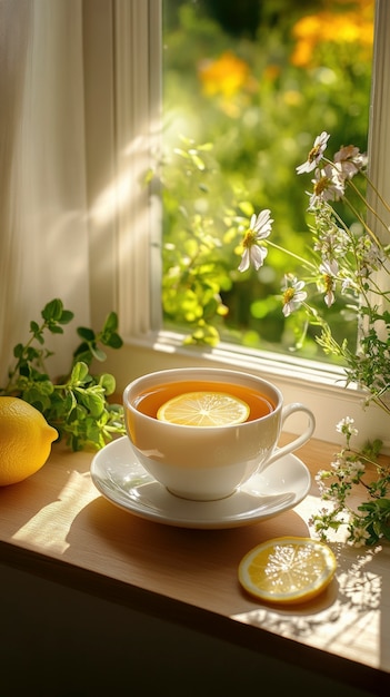 Still life scene with tea and cup for drinking