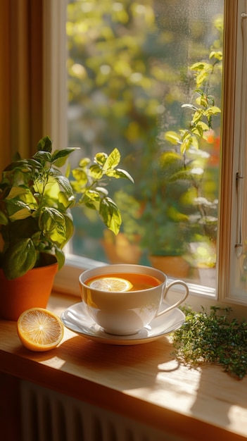 Still life scene with tea and cup for drinking