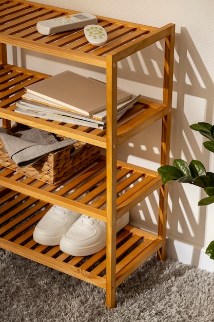 Free photo still life of shoe rack indoors