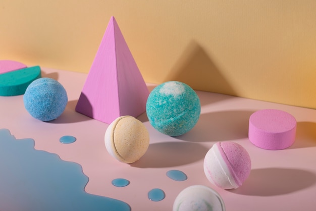 Free photo still life of unused bath bombs