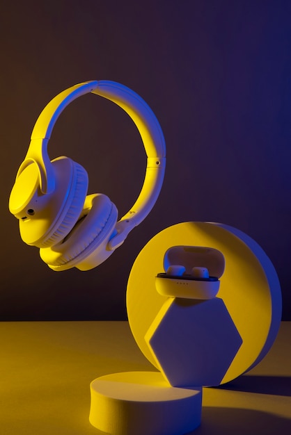 Free Photo still life of wireless cyberpunk headphones