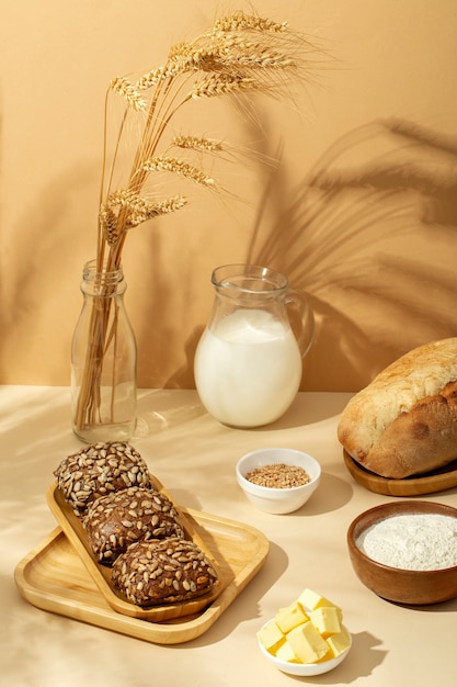 Still life with appetizing bakery food