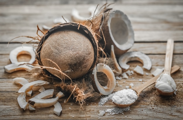 Free Photo still life with coconut on a wooden background