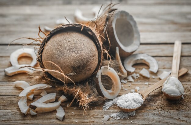 still life with coconut on a wooden background