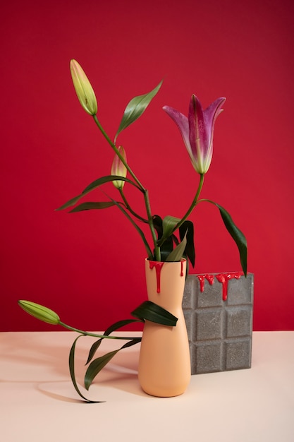 Still life with colorful leaves and flowers