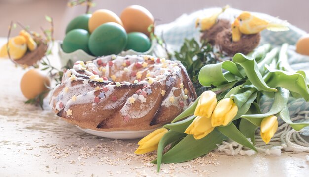 Still life with Easter cake and colored eggs