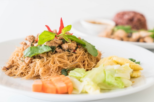 stir-fried noodle, pork and basil