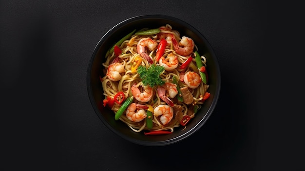 Stir fry noodles with vegetables and shrimps in black bowl AI generated image