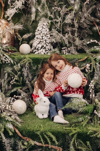 Stock photo of adorable little brunette sisters in alike red and white winter patterned sweaters holding Christmas toys and smiling at camera. Surrounded by Christmas decorations.