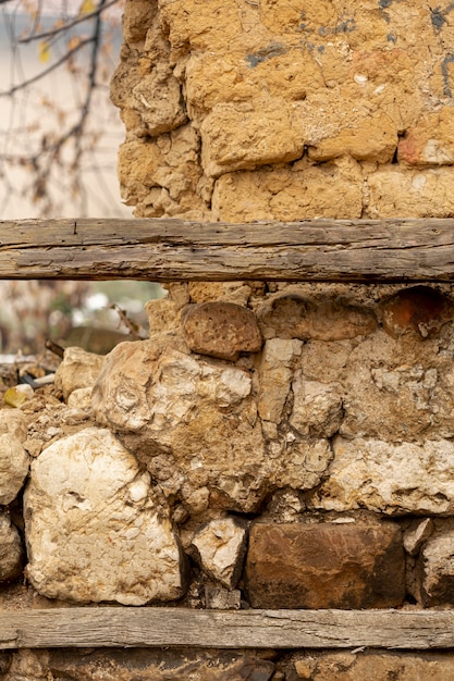 Stones and gravel with rough surface and wood