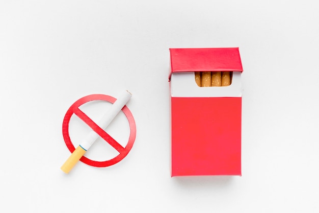 Stop smoking sign beside pack of cigarettes