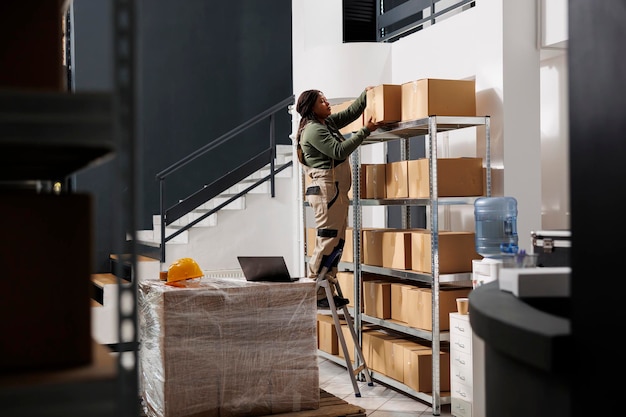 Free Photo storehouse employee taking out carton boxes from shelf