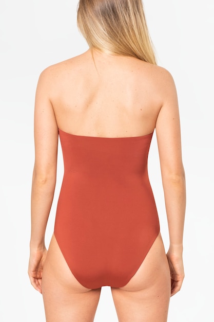 Strapless orange swimsuit women's summer apparel with design space rear view