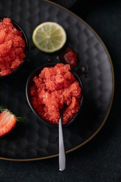 Strawberry granita dessert with lime top view