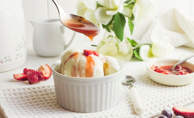 Strawberry ice cream dessert spoonful