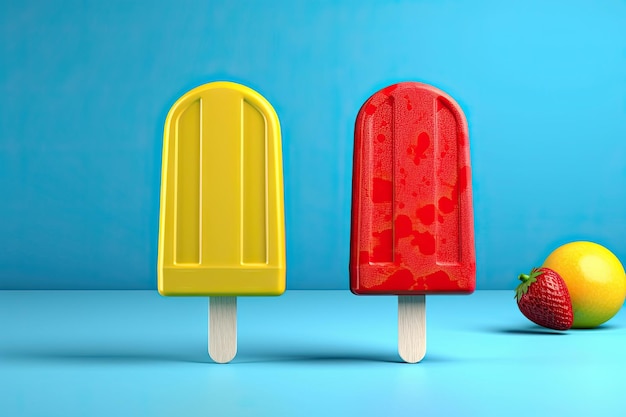 Free photo strawberry and lemon popsicle on blue background ai generative