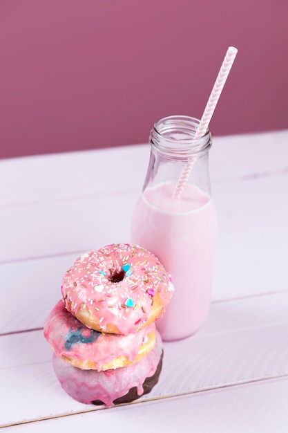 Strawberry milkshake and donuts