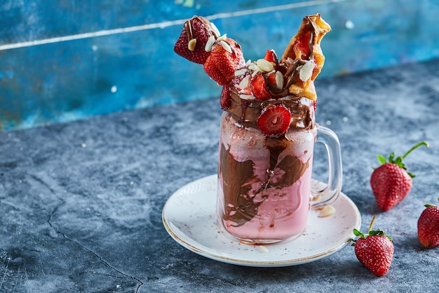 Free photo strawberry smoothie with waffles and chocolate on the white plate in the marble surface