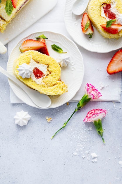 Strawberry Swiss roll flat lay food photography