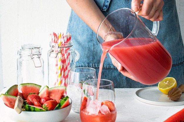 Free Photo strawberry watermelon lemonade juice step by step