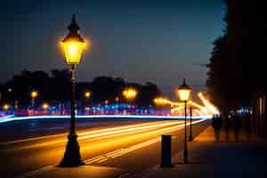 Free photo a street lamp on a street with the lights on.