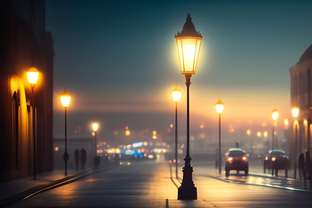 A street light with a car driving down it and the lights on the street are lit up.