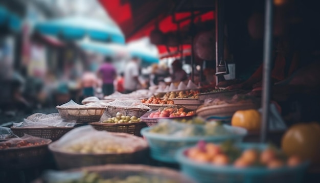 Street vendors selling fresh seafood and vegetables generated by AI