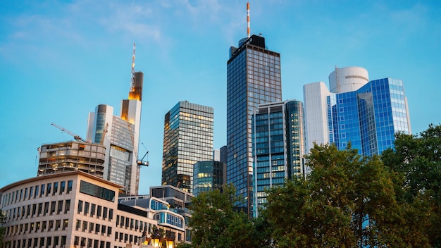 Free photo street view of frankfurt downtown at sunset germany