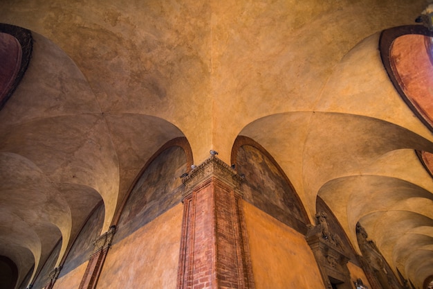 Street view with gallery in Bologna city in Italy