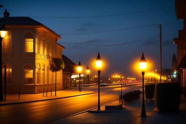 A street with lights on and a building in the background