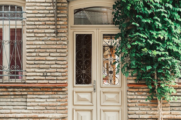 Streets of old Tbilisi idea for a postcard or advertisement The door and wall of the house is twined with ivy