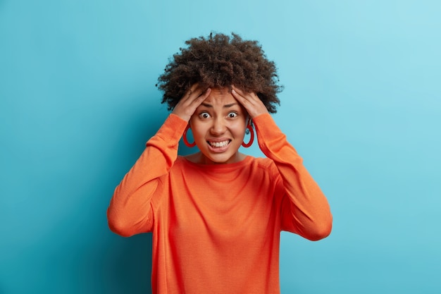 Stressed young Afro American woman grabs head clenches teeth has problems being in panic doesnt know what to do suffers unbearable headache wears casual jumper isolated over blue wall.