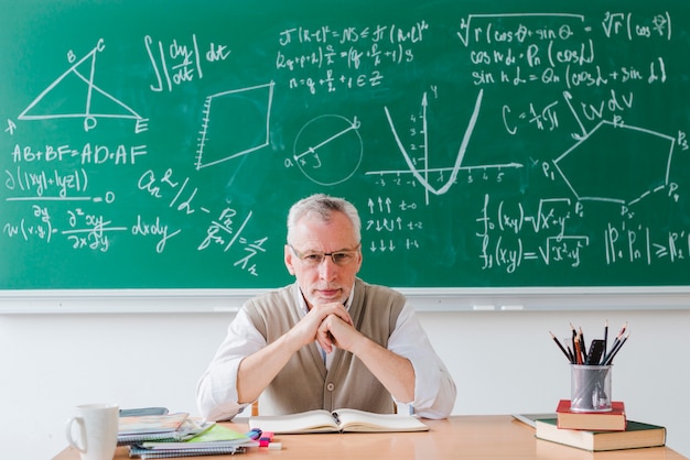 Free Photo strict teacher looking at camera in classroom