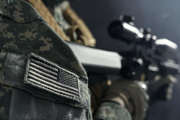 Stripe of American flag on clothes of soldier