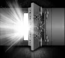 Free photo strongbox with light beams coming out of open door