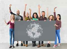 Free photo students holding network graphic overlay banner