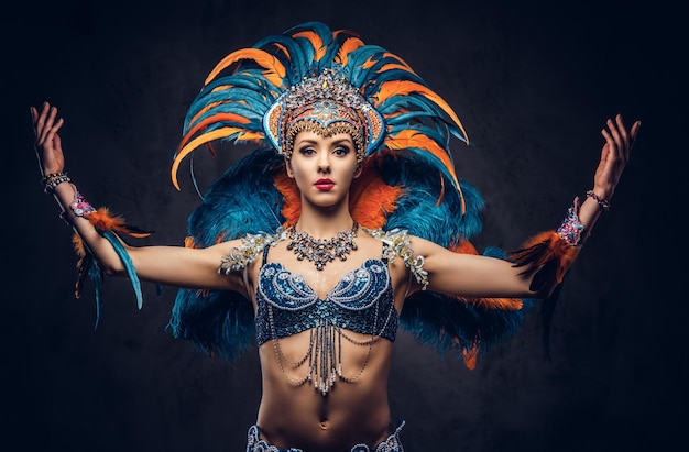 Studio portrait of a sexy female in a colorful sumptuous carnival feather suit, posing on a dark background.