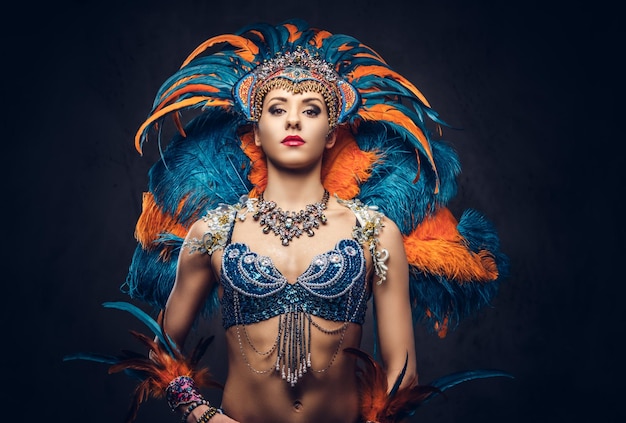 Studio portrait of a sexy female in a colorful sumptuous carnival feather suit, posing on a dark background.