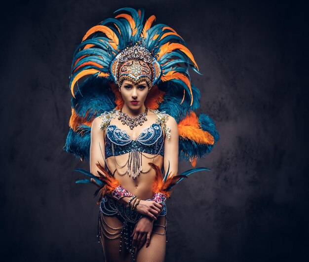 Studio portrait of a sexy female in a colorful sumptuous carnival feather suit, posing on a dark background.