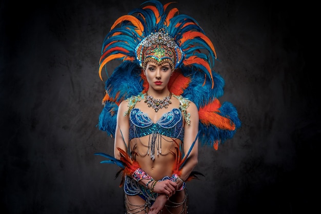 Free Photo studio portrait of a sexy female in a colorful sumptuous carnival feather suit, posing on a dark background.