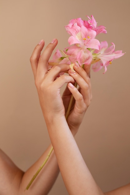 Free Photo studio portrait with hands holding flowers