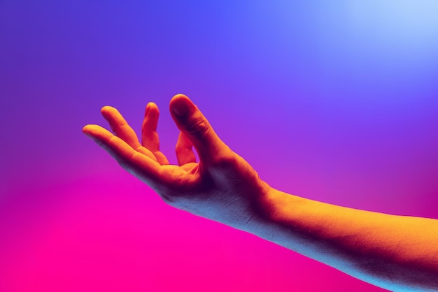 Free Photo studio shot of male hand isolated over gradient blue pink background in neon light