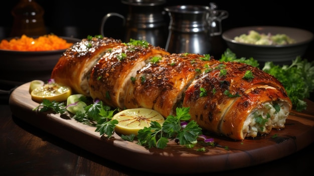 Free photo stuffed chicken roll reveals a savory filling on a wooden board