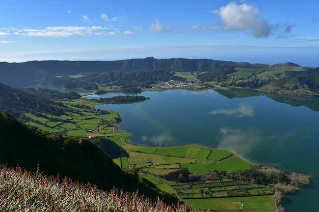 Free photo stunning look down at the blue lake of sete cidades in the azores.