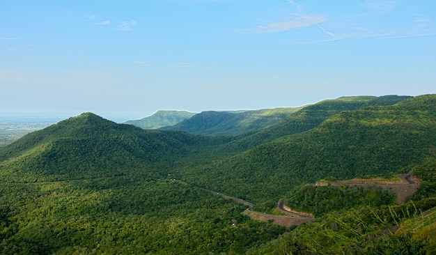 Stunning view of green picturesque mountains under the blue clear sky